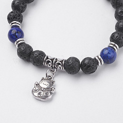 Браслеты с подвесками в виде котенка из натурального лавового камня&nbsp;BJEW-I241-14B
