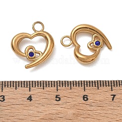 304ステンレススチールラインストーンペンダント  ハートチャーム  ゴールドカラー  カプリブルー  19x16x4mm  穴：3mm&nbsp;RB-CBAD60D-10G-02