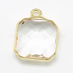 金色のトーンの真鍮ガラス正方形のペンダント  ミックスカラー  16x13x5mm  穴：2mm&nbsp;GLAA-J014A-G