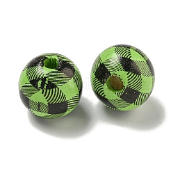 プリントウッドヨーロピアンビーズ  タータン模様のラウンド  ライムグリーン  15.5~16mm  穴：4~4.5mm&nbsp;WOOD-G022-13I
