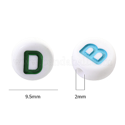 不透明な白いアクリルビーズ  エナメル  水平穴  頭文字付きのフラットラウンド  シーグリーン  9.5x4.5mm  穴：2mm  100個/セット&nbsp;SACR-YW0001-23F