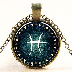Fische Sternbild / Sternzeichen flache Runde Glas Anhänger Halsketten, mit Leichtmetallketten, Antik Bronze, 18 Zoll