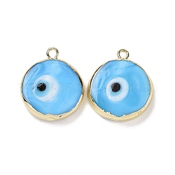 Handmade Lampwork Pendants, with Golden Plated Brass Findings, Cadmium Free & Lead Free, Flat Round with Evil Eye, Light Sky Blue, 21x18x4.5mm, Hole: 1.6mm