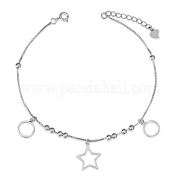 SHEGRACE Rhodium Plated 925 Sterling Silver Charm Anklets, with Box Chains and Round Beads, Ring and Star, Platinum, 7-7/8 inch(20cm)