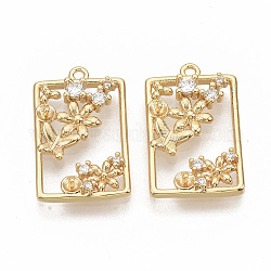Brass Micro Pave Clear Cubic Zirconia Peg Bails Pendants, for Half Drilled Beads, Nickel Free, Real 18K Gold Plated, Rectangle with Flower & Butterfly, 21x13x3mm, Hole: 1.2mm, Pin: 0.8mm