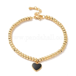 Vacuum Plating 304 Stainless Steel Heart Charm Bracelet with Enamel, 201 Stainless Steel Round Beads Bracelet for Women, Golden, 8-3/8 inch(21.4cm)