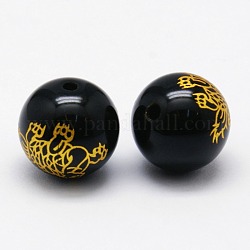Dyed Natural Black Agate Round Beads, with Gold Blocking Tortoise, 12mm, Hole: 1mm