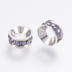 Perline di distanziatore in ottone, con grado a  rhinestone, rondelle, platino, viola, 13x4.5mm, Foro: 6.5 mm
