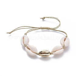 Verstellbare geflochtene Perlenarmbänder aus gewachster Baumwollkordel, mit galvanisierten Kaurimuschel Perlen und natürlichen Kaurimuschel Perlen, weiß, golden, 3~9 cm