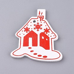 Anhänger aus Platanholz, Haus mit Schneeflocke, für Weihnachten, gefärbt, weiß, 50x46x2.5 mm, Bohrung: 2.5 mm