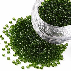 11/0 grado a cuentas de semillas de vidrio transparente, redondo, verde césped, 2x1.5mm, agujero: 0.8 mm, aproximamente 3000 unidades / 50 g