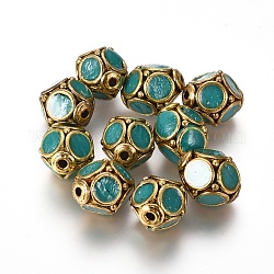Handmade Indonesia Beads, with Alloy Cores, Oval, Antique Golden, Dark Cyan, 13x11mm, Hole: 1.5mm