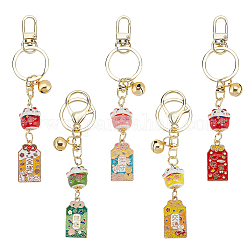 Olycraft 5Pcs 5 Colors Japanese Maneki Neko Brass Bell Pendant Keychain, Lucky Amulet Charms for Health/ Success/Traffic Safety Keychain, with Alloy Findings, Mixed Color, 14.2cm, 1pc/color