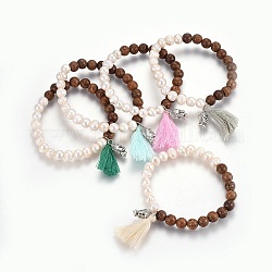 Braccialetti stretch con nappa in filo di cotone, con perla naturale, perline in legno e perline in lega di stile tibetano, colore misto, 2-1/4 pollice (5.7 cm)