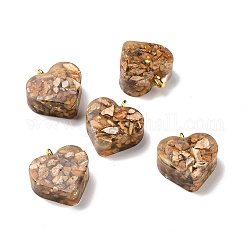 Подвески из прозрачной смолы из натуральной имперской яшмы, окрашенные чипсами, с золотыми тонами латунных петель, шарма сердца, Перу, 16.5x15.5x6~6.5 мм, отверстие : 2 мм