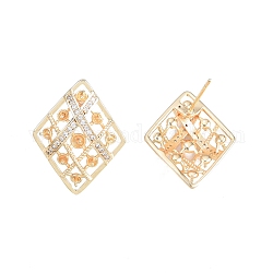 Brass Micro Pave Clear Cubic Zirconia Stud Earring Findings, for Half Drilled Beads, Nickel Free, Rhombus, Real 18K Gold Plated, 22.5x18mm, Pin: 0.8mm and 0.8mm(for half drilled beads)