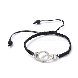 Adjustable Nylon Thread Braided Bead Bracelets, Square Knot Bracelet, with Natural Lava Rock Beads and Tibetan Style Alloy Handcuff with Freedom Links, Antique Silver, 2-3/8 inch(60mm)~3-3/4 inch(95mm)
