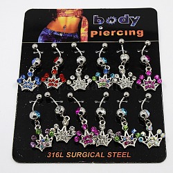 Body Jewelry Crown Alloy Rhinestone Navel Ring Belly Rings, Platinum, Mixed Color, 25x19.5mm, Pin: 1.5mm, Ball: 5mm, 8mm, 12pcs/board