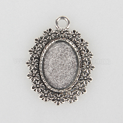 Tibetan Style Alloy Pendant Cabochon Settings, Cadmium Free & Lead Free, Oval with Flowers, Antique Silver, Tray: 13x18mm, 33x25x2mm, Hole: 3mm, about 260pcs/kg