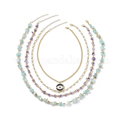 4Pcs 4 Style Cubic Zirconia Horse Eye Pendant Necklaces Set, Natural Amethyst & Amazonite  Necklaces with Brass Chains for Women, Golden, 14.57~22.44 inch(37~57cm), 1Pc/style