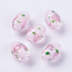 Perles vernissées de feuille en argent manuelles, fleur intérieure, riz, rose, 16~17x11mm, Trou: 1.5mm