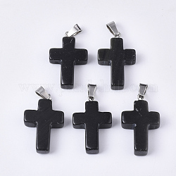 Naturale agata nera pendenti, con chiodi in acciaio inossidabile, croce, colore acciaio inossidabile, 28~30x18x6mm, Foro: 7x3.5 mm