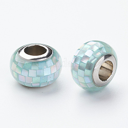 Perles européennes de résine en 304 acier inoxydable, Avec coquille et émail, rondelle, Perles avec un grand trou   , turquoise, 12x8mm, Trou: 5mm