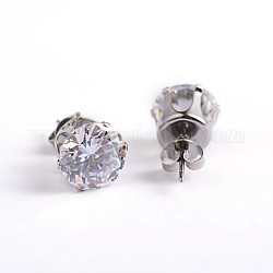 Flat Round 304 Stainless Steel Cubic Zirconia Stud Earrings, Clear, 3mm, Pin: 0.9mm