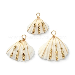 Natural Shell Copper Wire Wrapped Pendants, Shell Shaped Charms with Real 18K Gold Plated Brass Beads, Floral White, 19~26.5x20~26x7~10.5mm, Hole:2~3mm