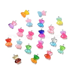 Transparent & Opaque Resin Pendants, Two Tones Bear Charm, with Platinum Tone Iron Loops and Glitter Powder, Mixed Color, 25.5x18x8mm, Hole: 2x2.5mm