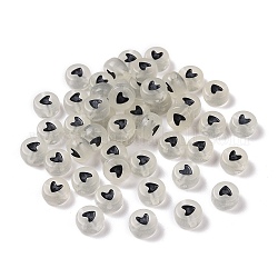 Perle acriliche luminose, si illuminano al buio, piatta e rotonda con il cuore, nero, 7x3.5mm, Foro: 1.2 mm, circa 3600pcs/500g
