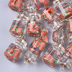 Pendentifs de bouteille en verre, avec résine et pâte polymère et fer, fraise, platine, Saumon, 28~29x15mm, Trou: 2mm