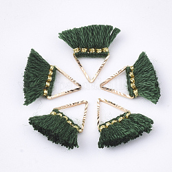 Кисточки из поликоттона (полиэстер хлопок) подвески украшения, мини-кисточка, с латунной фурнитурой , треугольные, золотые, темно-зеленый, 14~15x12~15x2 мм, отверстие : 7x6 мм