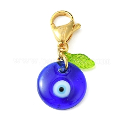 Décorations pendantes en lampadaire mauvais œil bleu, feuille en acrylique et 304 breloque fermoir mousqueton en acier inoxydable, or, 35mm