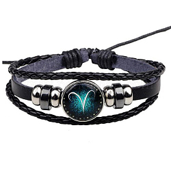 Constellation Glass Link Multi-strand Bracelet, PU Leather Braided Triple Layer Gothic Bracelet for Men Women, Aries, 7-1/8~9-7/8 inch(18~25cm)