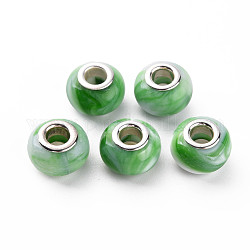 Perle europee in resina opaca, perline con foro grande, stile gemstone imitato, con doppio nucleo in ottone tono argento, rondelle, verde, 14x9.5mm, Foro: 5 mm