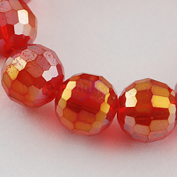 Гальванические стеклянные бусины, с покрытием AB цвета, граненый (96 грань), круглые, красные, 10 мм, отверстие : 1 мм, около 72 шт / нитка, 26 дюйм