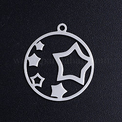 201 Stainless Steel Pendants, Circle with Star, Stainless Steel Color, 22.5x20x1mm, Hole: 1.5mm