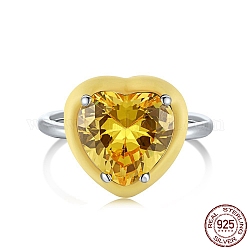 Серебряные кольца на палец с 925 родиевым покрытием, кольцо с камнем, Реальная платина, с эмалью и цирконием для женщин, сердце, желтые, 1.8 мм, размер США 7 (17.3 мм)