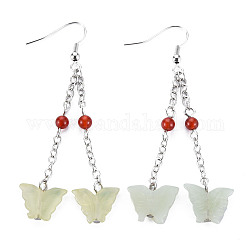 Butterfly Natural New Jade Dangle Earrings for Girl Women, Red Agate Beads Earrings with Brass Pin, 66~68mm, Pin: 0.6mm