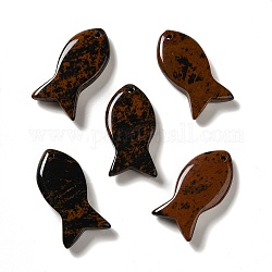 Acajou naturel pendentifs en obsidienne, breloques de poissons, 39x20x7~7.5mm, Trou: 2.3mm