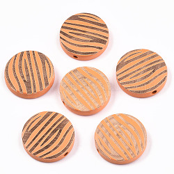 Perles de bois naturel peintes, motif gravé au laser, plat rond à rayures zébrées, orange, 20x5mm, Trou: 1.5mm