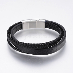 Кожаный шнур многожильных браслеты, с 304 из нержавеющей стали магнитные застежки, чёрные, 8-5/8 дюйм (22 см)