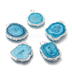 Dyed Natural Druzy Solar Quartz Crystal Pendants, Edge Plated, with Brass Bails, Sunflower, Silver, Deep Sky Blue, 40~50x30~45x5~6mm, Hole: 4x6mm