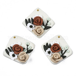 Handmade Polymer Clay Pendants, Rhombus with Rose Flower, Saddle Brown, 27~28x27.5~28.5x8mm, Hole: 1.8mm