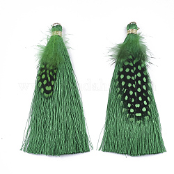 Décorations de gros pendentif pompon en polyester, avec des plumes et du fer, vert de mer, 96~100x7mm, Trou: 5mm
