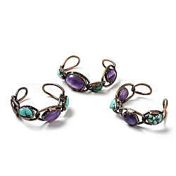 Natural Turquoise & Amethyst Open Cuff Bangle, Red Copper Plated Brass Wire Wrap Hollow Bangle for Women, Cadmium Free & Lead Free, Inner Diameter: 2~2-1/8x1-7/8(50~53x47~48mm)