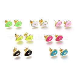 Brass Micro Pave Clear Cubic Zirconia Stud Earrings, with Enamel and Ear Nuts, Lead Free & Cadmium Free, Teardrop, Real 18K Gold Plated, Mixed Color, 11x8mm, Pin: 0.8mm