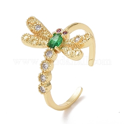 Offener Ring mit grüner Zirkonia-Libelle, Messingschmuck für Damen, cadmiumfrei und bleifrei, echtes 18k vergoldet, uns Größe 7 1/4 (17.5mm)