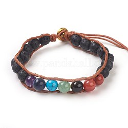 Natural Lava Rock Cord Beaded Bracelets, Natural & Synthetic Mixed Stone, with Leather Cord and Alloy Clasps, Om Symbol, Antique Golden, 7-1/4 inch~8-1/8 inch(18.5~20.5cm), 1mm